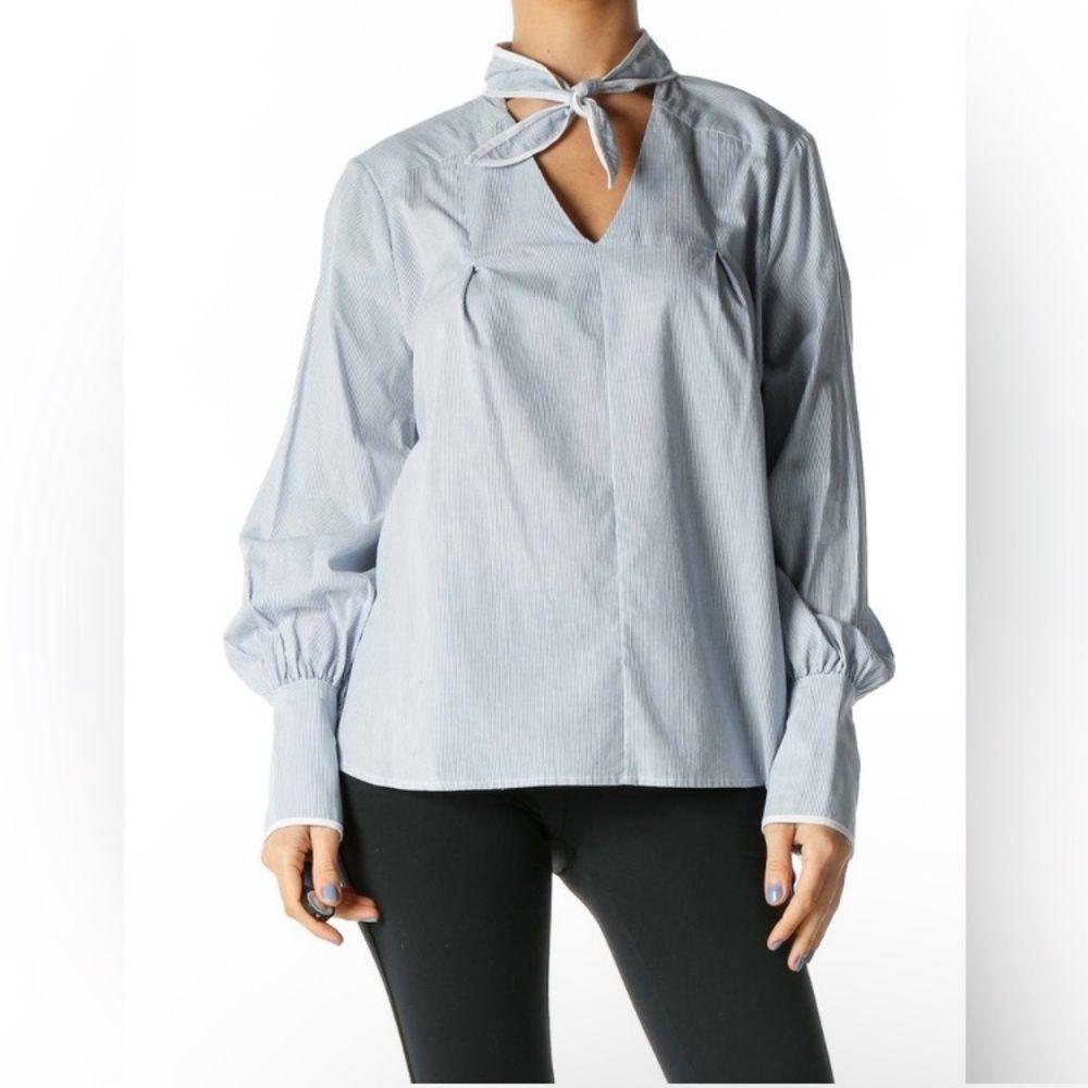 Ro &‎ De Blue and White Striped Long Sleeve Top with Tie Neck Size S